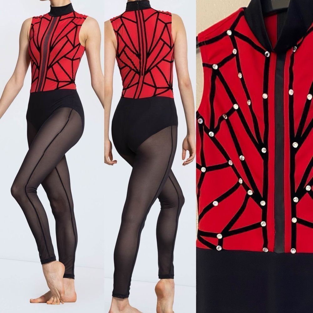 WEISSMAN Elite Dance Costume unitard black red Not My Responsibility 14114 MC